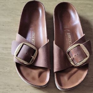 Birkenstock Brown Leather Single-Strap Sandals with Gold Buckles